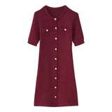 Women's New Fashion Collar Single Buckle Short Sleeves Thin Knit Mini