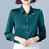 Women's Shirt Blouses for Women Solid Embroidered Long Sleeve Top Woman Polo Neck Clothing Female Button Up Basic