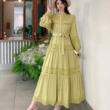 Wooden Ear Collar Buckle Tie With Long Hollow Lace Splicing French Bubble Sleeve