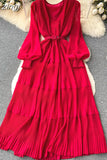 Women Draped Long Dress Vintage V-Neck Lantern Sleeve High Waist A-Line Pleated Maxi Vestidos Purple/Red/Blue Robe