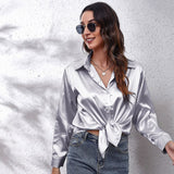 Fashion Button Up Satin Silk Shirt Youth Woman Blouses Cheap and Pretty Blouses Satin Luxury Shirt OL Female