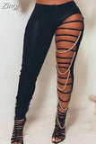 Sexy High Waist Ripped Leggings Women Black Slim Holes Trousers With Gold Chain Pencil Pants Casual Fashion