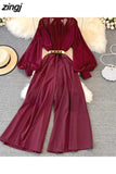 do vintage macacões outono lanterna manga longa gola de cintura alta perna larga drapeado macacão feminino elegante playsuits