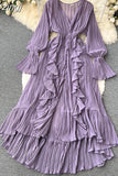Chiffon Pleated Long Dress Women Vintage V-Neck Flare Sleeve Draped Ruffle Vestido Female Maxi Robe Spring