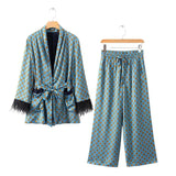 And Winter New Feather Vertical Casual Suit Jacket Printed Vertical Broad Leg Trousers
