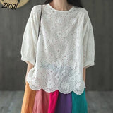 Women Hollow Out Blouse Fashion Shirts Ladies O-Neck Solid Casual Blouse All Match Short Sleeve Shirt Cotton Linen