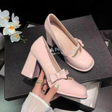 2025 New High-Heeled Pink Square Leather Shoes Thick Heel Sweet Bow Single Shoes Women's Single