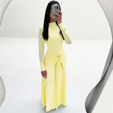 2025 New Women's Pure Color Temperament Elegant Long-Sleeved Decorative Buckle Tied Dress