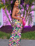Colorful Print Two Piece Sets Women Summer Sleeveless Bandage Wrapped Camisole Vests+Long Skirts Lady Party