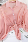2023 Summer Half Sleeve Buttoned Up Shirt Loose Casual Blouse Chiffon Shirts Women Tied Waist Elegant Blouses for