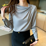 Women Blouses Chiffon Shirts Women Beading Blouse Tops Woman Long Sleeve Shirt Woman Pleated Shirts Pullover Ladies