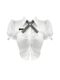 Women Blouse Short Sleeve Chic Casual Vintage Y2k White Polo Shirt Top French 2023 Summer Female Office Ladies Sexy Slim