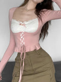 Korean Sweet Pink Knit Lace Patchwork Slim Female T-shirts Ruffles Bow Square Neck Crop Top Autumn Tie Up Sweats