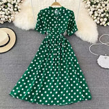 Summer French Retro Skinny Bubble Short-Sleeved V-Neck A-Shaped Dress Elegant Temperament Long