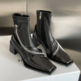 Design Sense Soft Leather Square Head Thick Heel Short Boots Women's Chain Martin Boots Tide Cool Fashion Single Boots Elastic Thin Thin