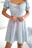 Women Flroal Print A-Line Short Dress Summer Shrinkage Design Bandage Boho Mini Dress Ladies Square Collar Vestido