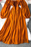 Women Slash Neck Long Sleeve Midi Dress Female Yellow/Red/Pink High Waist Ruffle Big Swing Chiffon Robe Fashion 2023
