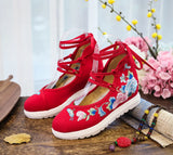 Zingj White Sole Embroidered Cloth Shoes High Heel Slope Canvas Embroidered Women's Singles Shoes Lace Retro National Style Cloth