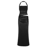 Sense Mesh Splicing Perspective Exposed Waist Hanging Neck Hanging Dress 2025 Spring And Autumn Temperament Long