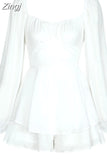 Women Boho Romper Long Sleeve Double Layer Ruffle Hem Chiffon Short Fairy Princess Mini Dress Jumpsuit