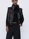 Women Black Pu Puffy Vest American Streetwear Winter Thick Parkas Jacket Fashion Outwear Faux Leather Down Waistcoat