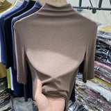 Zingj Slim Half-High Neck Five Part Sleeve T-Shirt Women's Design Sense Niche New Slim Bottom Shirt Middle Sleeve