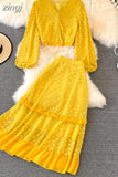 Lace Two Piece Set Vintage V-Neck Puff Long Sleeve Short Blouse + High Waist A-Line Ruffle Skirt Female