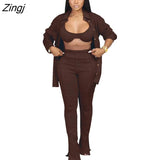 Women Tracksuirt 3 Piece Set Sweater Shirt +Long Pants Knit Ribbed Streetwear Matching Set Clothes For Women