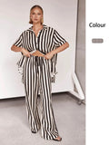 Zingj Summer Women's Fashion Casual Polo Collar Stripe Color Patchwork Short Sleeve Set