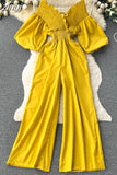 Women V-Neck Wide Leg Ruffle Jumpsuits Female Sexy Puff Short Sleeve High Waist Slim Vacation Beach Romper