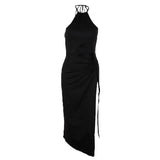 Zingj 2023 Autumn New Sexy Hollow Out High Slit Hanging Neck Lace Dress