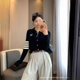 Bumping Color With A Soft Glutinous Wool Knit POLO Collared Thin Coat Female Spring Animal Embroidered