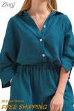 Women's 2 Piece Casual Outfits Loungewear Set Loose Comfy Long Sleeve Button Down Shirt + Elastic Waist Mini Shorts