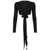 2025 New Fashion Spice Girls Solid Color Sexy V Tie With Supple Short-Anxed Long-Sleeved Shirt