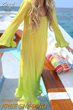Women's Square Neck Long Flare Sleeve Ruched Maxi Dress Casual Loose Flared Hem A-Line Flowy Swing Beach Long