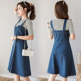 Large Size S-5XL Women Denim Dress Summer High Waist Single Breasted Blue Jeans Suspenders Midi Dress Casual Cotton