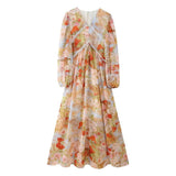 Women's Summer Romantic Lace Printing Design Feel Waist Slimming V-Neck Long-Sleeved