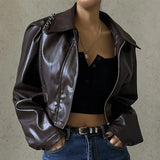 Zingj Women's Fall 2023 New Vintage Temperament Lapel Zipper PU Leather Casual Jacket