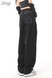 Five Pointed Star Straight Women Black Jeans European and American Style Design High Waist Wide Leg Length All Match