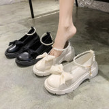 Mary Jane Shoes Women 2025 Spring And Autumn New Pearl Bow Girl Single Shoes Coarse Fairy Wind And Happy
