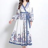 Court Retro Cross V Tie With Belt Lantern Sleeve Print Big Pendted Dress Woman 2025