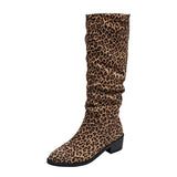 Leopard-Print Round Head And Long-Heeling Boots Girl Retro Large-Size Western Cowboy Long-Sleet Fashion