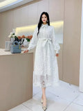 Style Dress Woman 2025 New Heavy Industry Embroidery Hollow Flower Buckle Repair In The Long Bubble Sleeve
