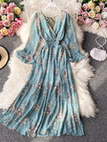 Autumn Women Floral Long Dress Vintage V-Neck Flare Sleeve Backless High Waist A-Line Big Swing Maxi Vestidos New