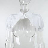 Autumn New Polo Collar Bubble Sleeve Blouse Cornflower Ribbon Slim Suspender Dress