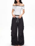 Babes Straight Broad Leg Pocket Spliced Striped Waist Trousers Tying With Trend Casual