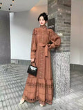 Small Vintage Hollow Lace Splicing Strap Belt Lantern Sleeve Dress Female Court Long