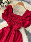 Vintage Women Square Collar Draped Dress Eleagant Puff Short Sleeve High Waist A-Line Knee-Length Robe Female New