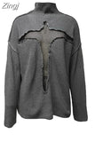 Y2K Women Spring Autumn Hollow Out Sweaters Knitwear Mesh Patchwork Long Sleeve High Neck Ribbed Knitted