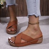 And Thick Bottom Slippers Women Large Size Round Head Leisure One Foot Pedal Solid Cross With Slope And Cool